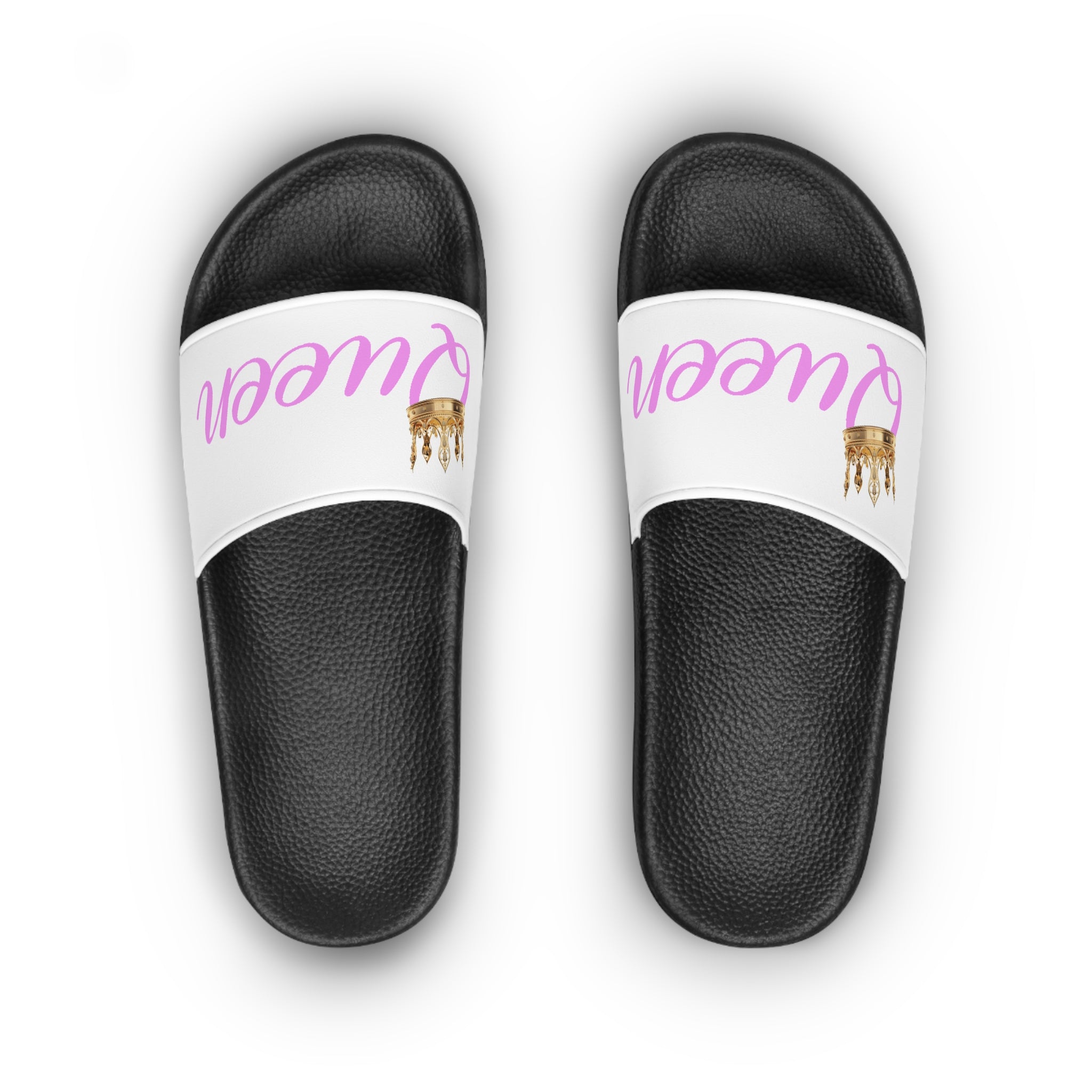 Queen Slide Sandals — Pink Script with Gold Crown