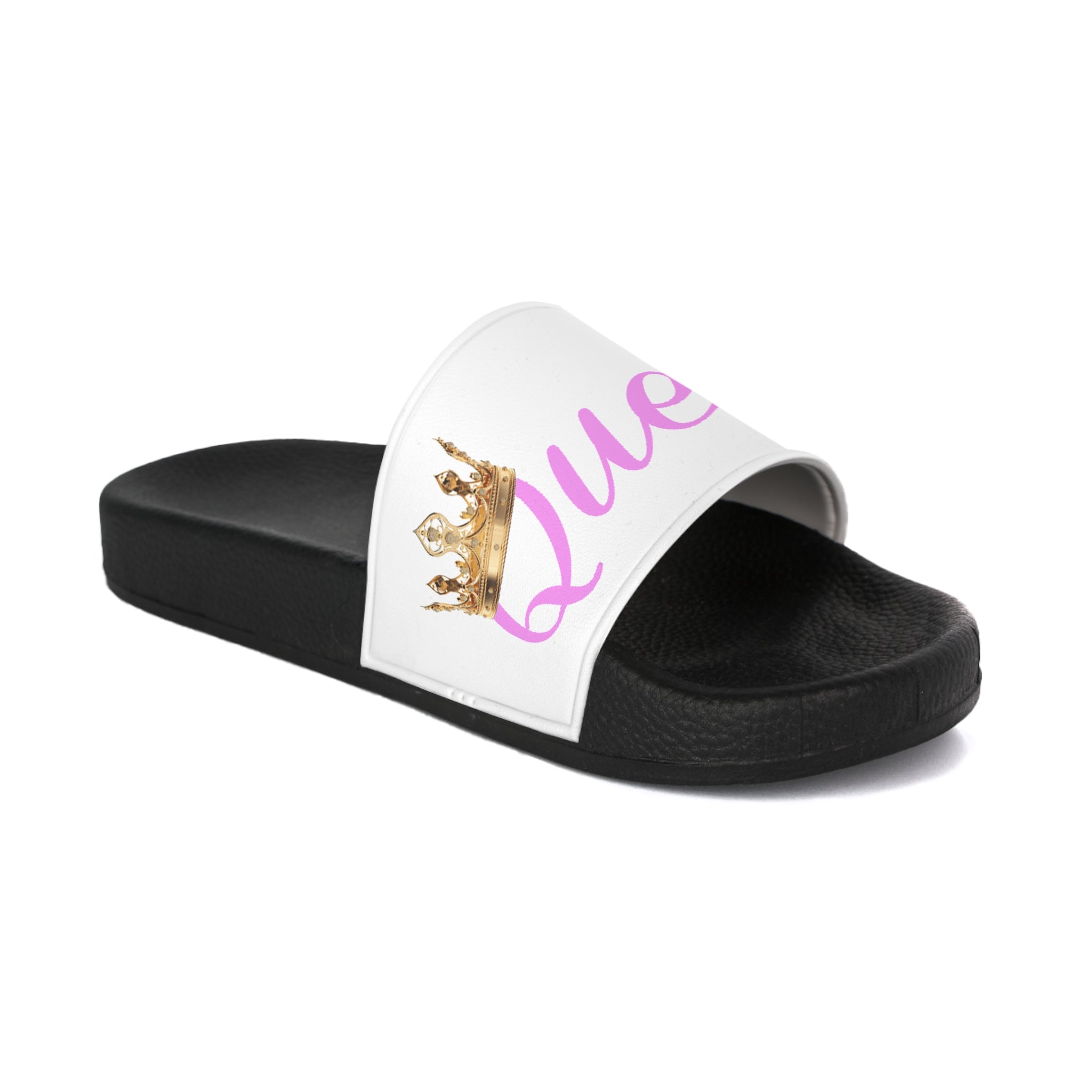 Queen Slide Sandals — Pink Script with Gold Crown