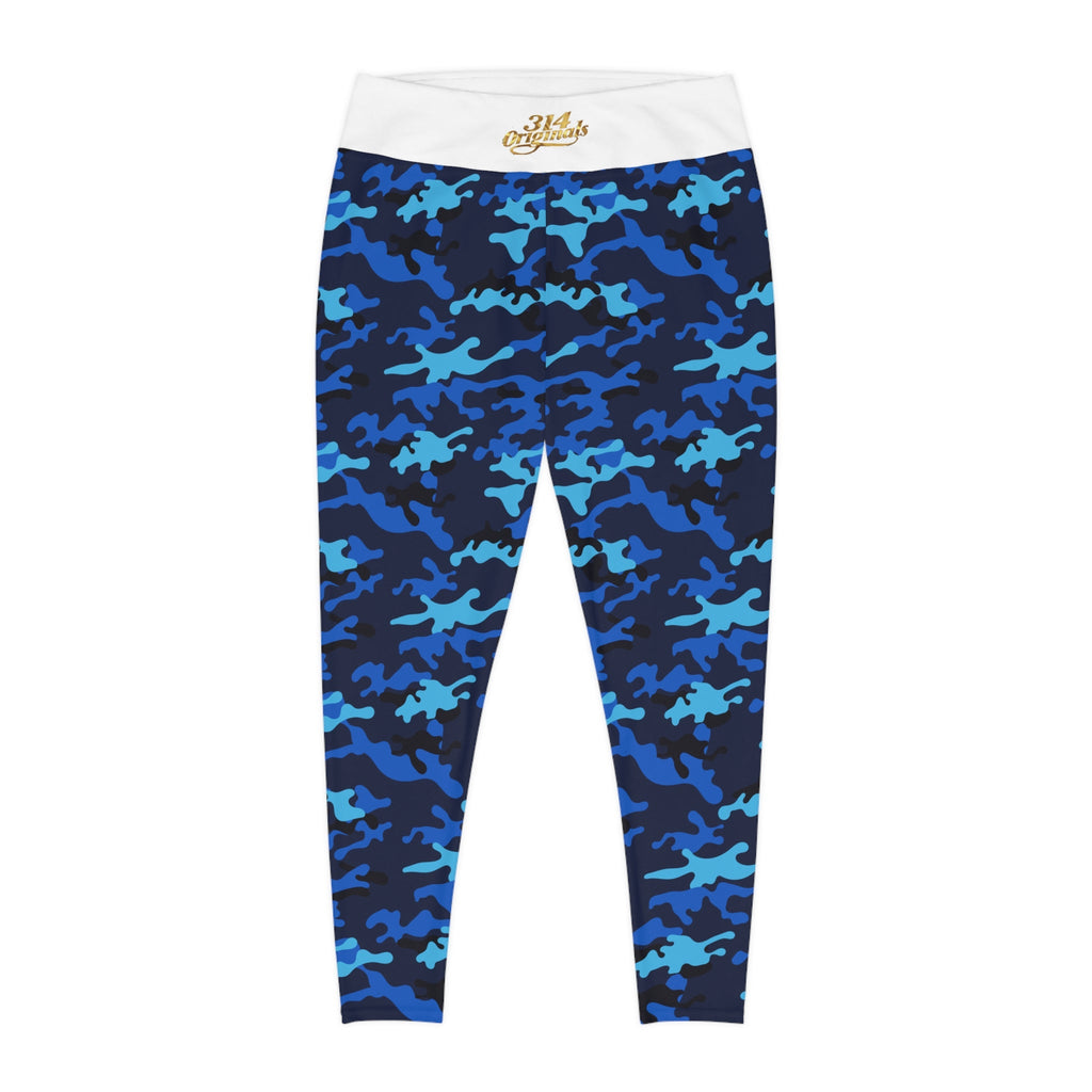 Blue Camo Plus Size Leggings — Subtle Side Script Graphic, Comfortable Everyday Activewear - 314 Originals