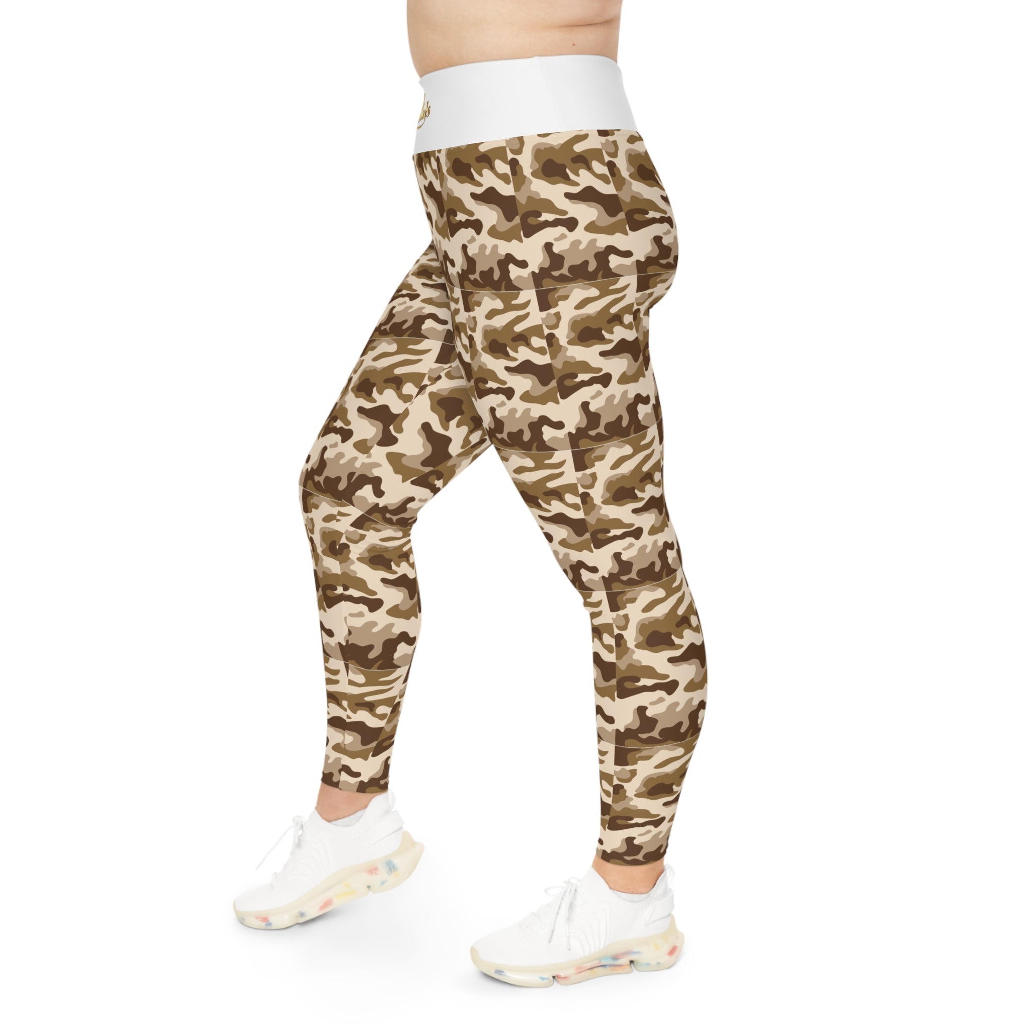 Brown Camo Plus Size Leggings — Subtle Side Script Graphic, Comfortable Everyday Activewear - 314 Originals