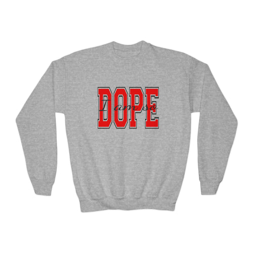 "DOPE" Red Varsity Graphic Youth Crewneck Sweatshirt - 314 Originals