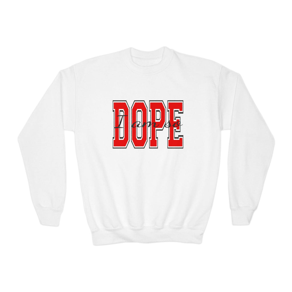 "DOPE" Red Varsity Graphic Youth Crewneck Sweatshirt - 314 Originals