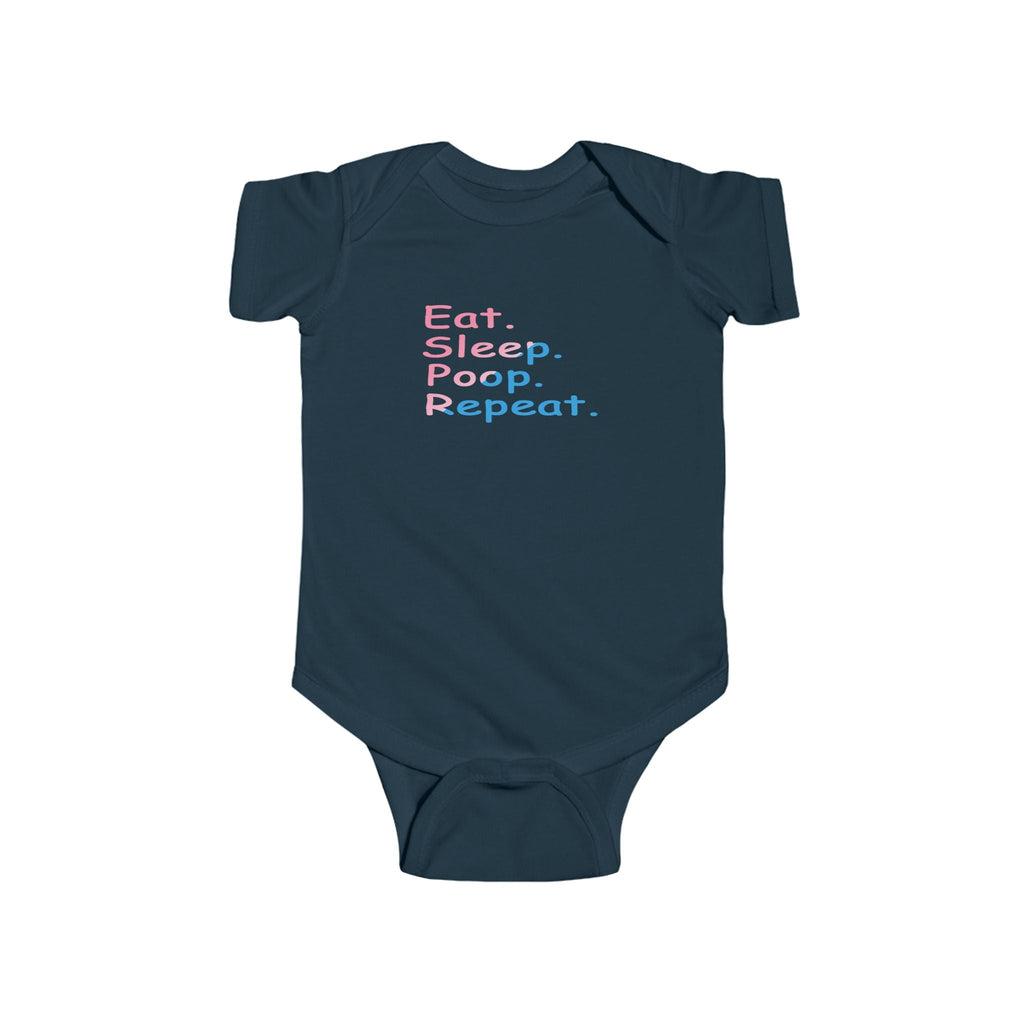 Infant Bodysuit - "Eat. Sleep. Poop. Repeat." Cute Baby Onesie (Pink & Blue Text) - 314 Originals