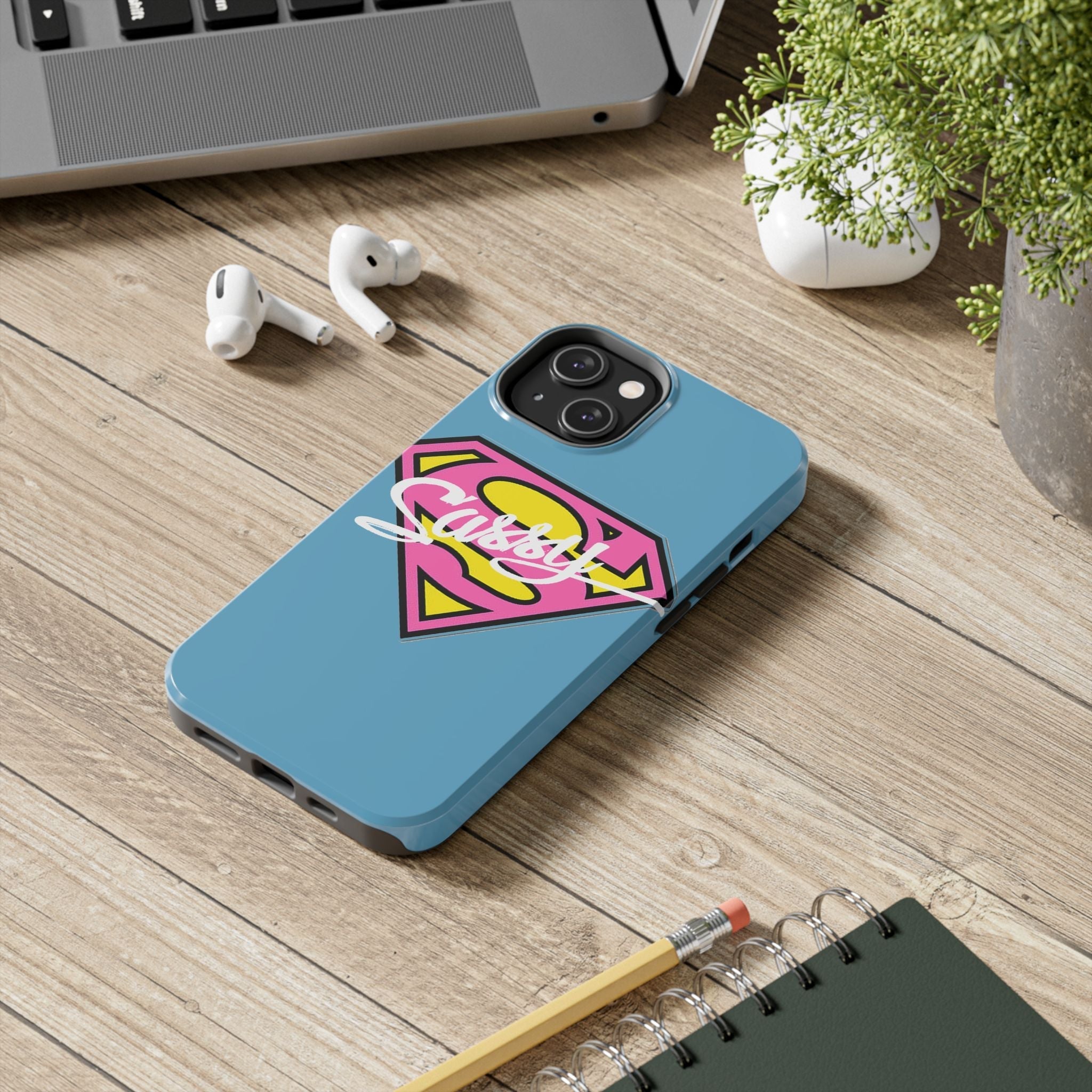 Sassy Superhero Tough Phone Case — Bold Pink & Yellow Emblem on Blue - 314 Originals