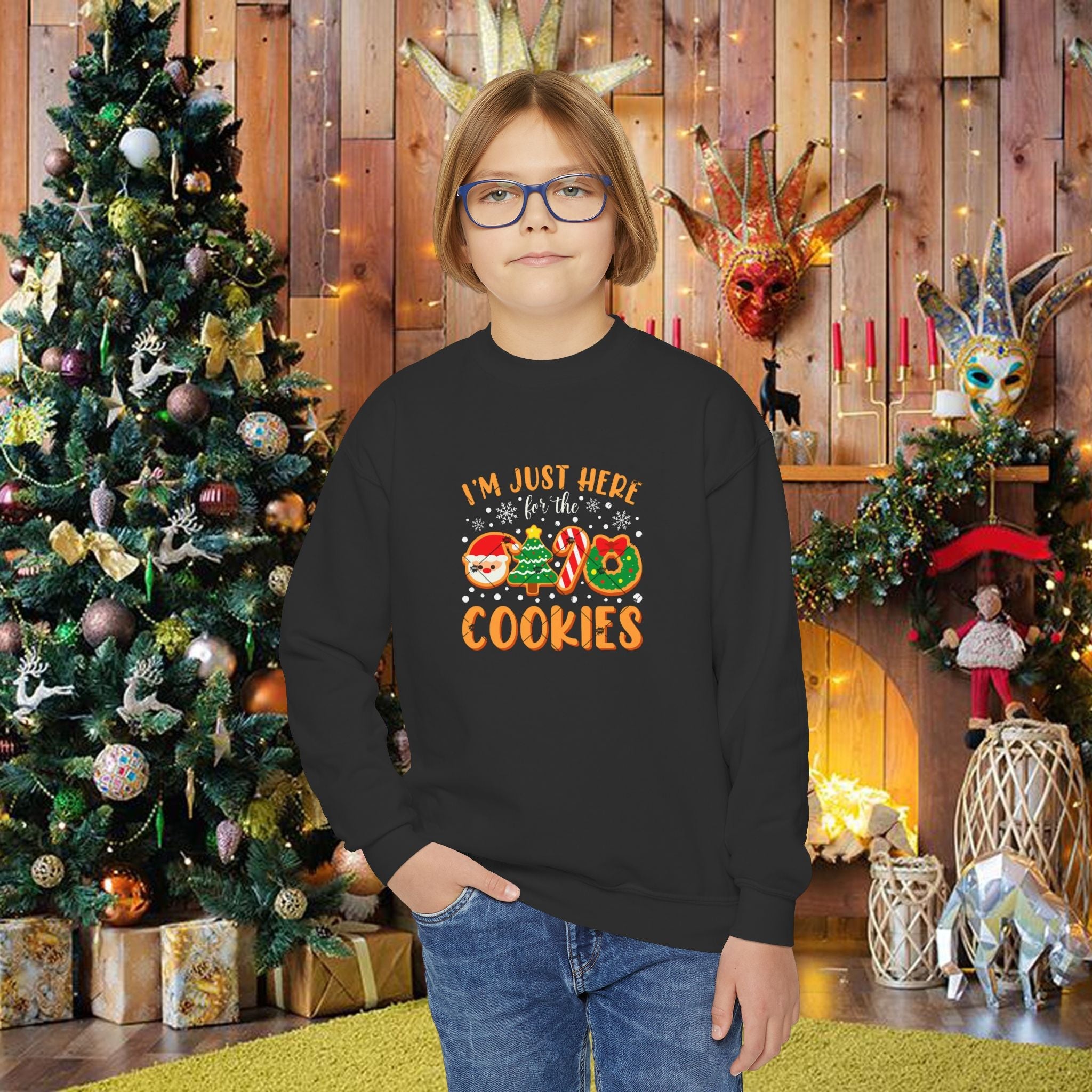Youth Holiday Sweatshirt "I'm Just Here for the Cookies" – Kids Christmas Cookie Crewneck - 314 Originals